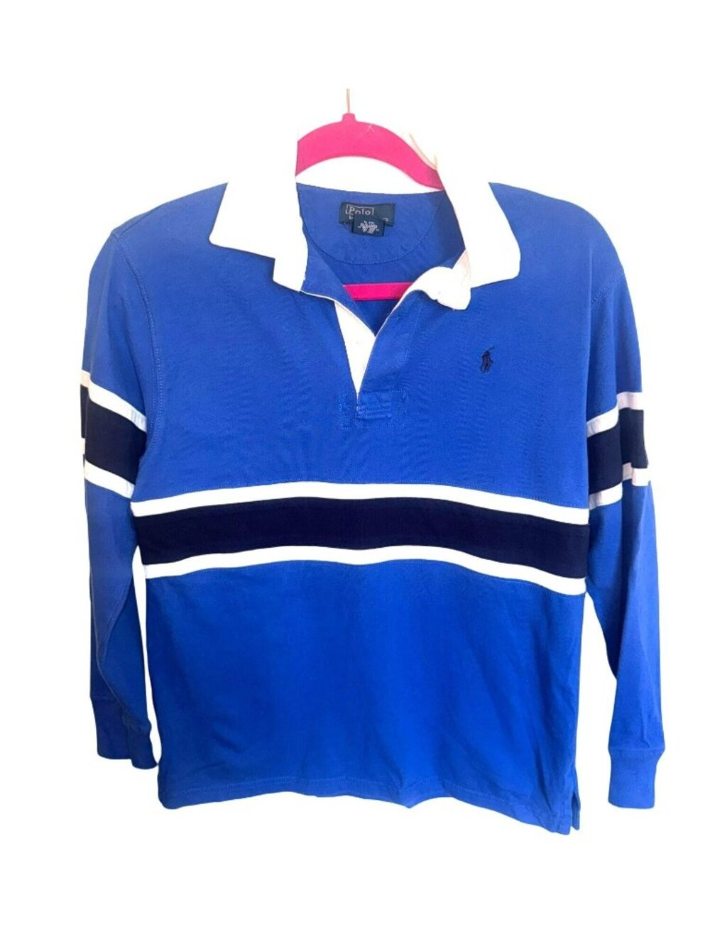 VTG Polo Ralph Lauren Boys L/S Rugby Shirt M Blue White Striped Preppy Academic